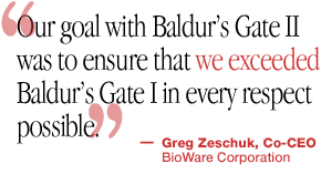 “Our goal with Baldur’s Gate II was to ensure that we exceeded Baldur’s Gate I in every respect possible.”  —  Greg Zeschuk, Co-CEO, BioWare Corporation
“Our goal with Baldur’s Gate II was to ensure that we exceeded Bald