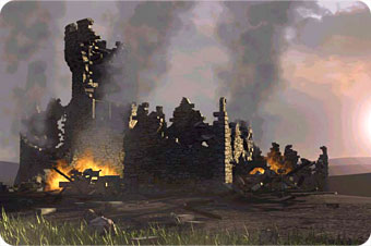 burning ruins
