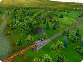 Steam train crossing a bridge.