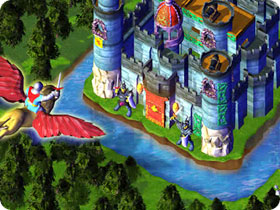 Gryphon flying past a castle.