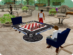 Playing a chess game.