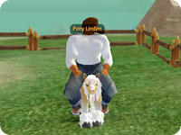 Riding a lamb.