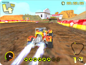 Hotrod racing down dirt track.