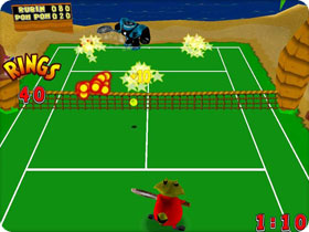 Critters playing on tennis court.
