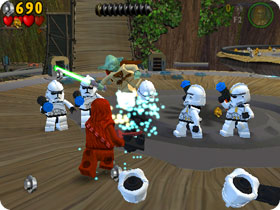 Wookie and Yoda fighting clones.