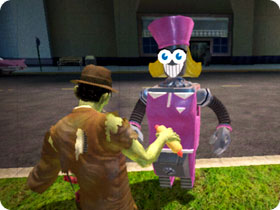 Robot dressed in pink outfit.
