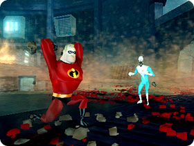 Mr. Incredible throwing an object.