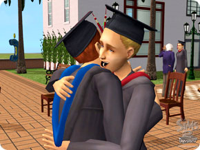 Graduates hugging.