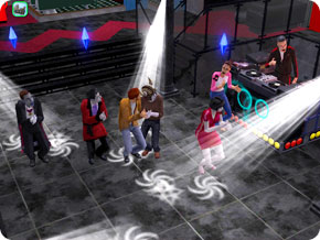 Sims dancing in a club.