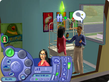 Sims talking at the pet store.