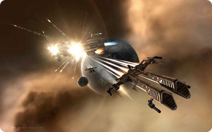 Spaceships leaving battle.