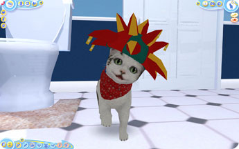 Cat wearing a jester hat.
