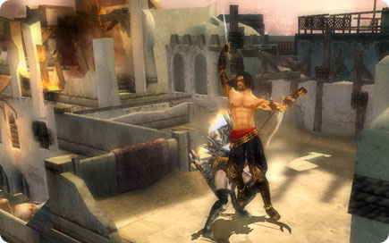 Player fighting an emeny in a burning palace.