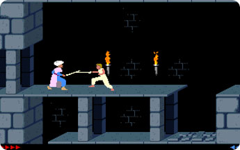Sword fighting in a dungeon.