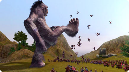 Ape-like creature kicking warriors.