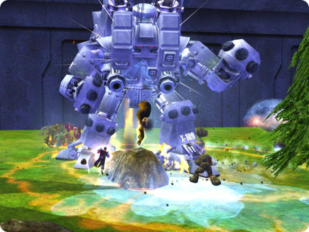 Characters fighting a large robot.