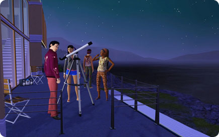 Sims using a telescope.