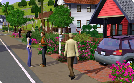 Sims walking down sidewalk.