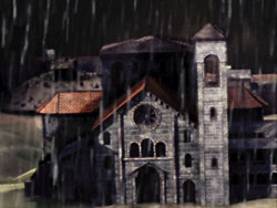 An abbey in the rain.