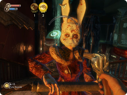Characer wearing a scary rabbit shaped mask.