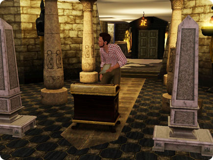 A sim looking inside a stone chamber.