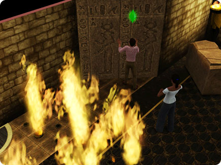 Sims at a door next to flames.