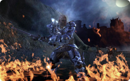Armored player standing in flames.
