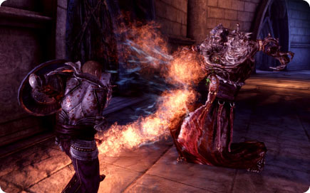 Player fighting a monster with fire.