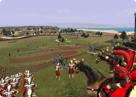 Mounted soldiers overlooking battlefield.