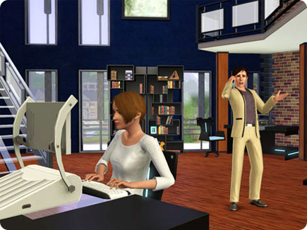 Sims using electronic devices inside a home.