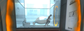 Woman running through a portal.