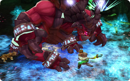 Player fighting a large red monster.