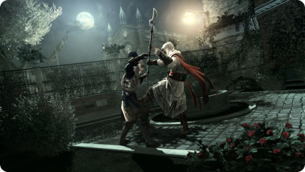Player dueling in a courtyard.