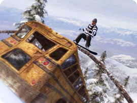 Snowboarder riding over a bus.